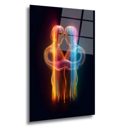 Cam Tablo - Neon Işık Çizgili Modern İkiz Figür Tasarımı | Artello Decor