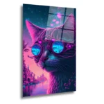 Artello Decor Siberpunk Gözlüklü Kedi Cam Tablo - Neon Modern İllüstrasyon