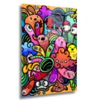 Artello Decor Doodle Karakterler Cam Tablo - Rengarenk Modern İllüstrasyon