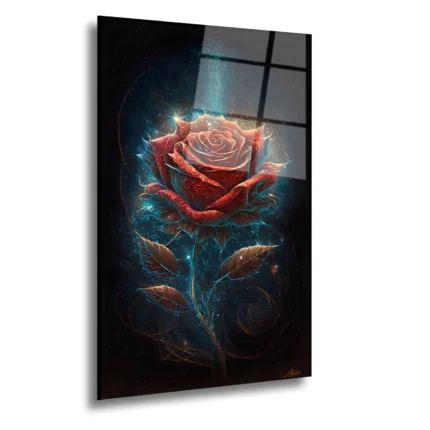 Artello Decor Mistik Kırmızı Gül Cam Tablo - Işıltılı Modern Sanat Tasarımı