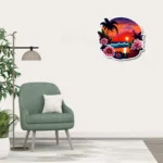 Tropikal Ada ve Pembe Çiçekler Metal Duvar Dekoru - Modern Manzara Seri