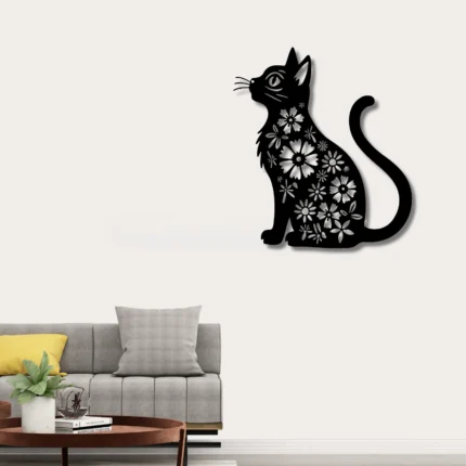 Papatya Desenli Mağrur Kedi Metal Duvar Dekoru - Modern Siyah Sanat